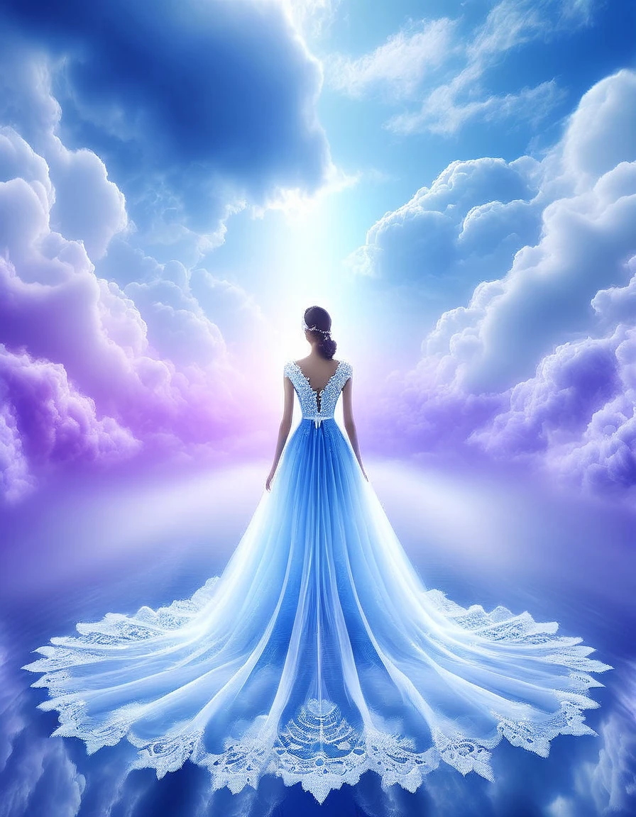 Tyndall phenomenon,Best quality,super detailed,valid,professional,Blue lace wedding dress,Rows of white and violet rays, cloud, fog,,White minimalist,partial reflection,Desktop wallpaper,Love is light