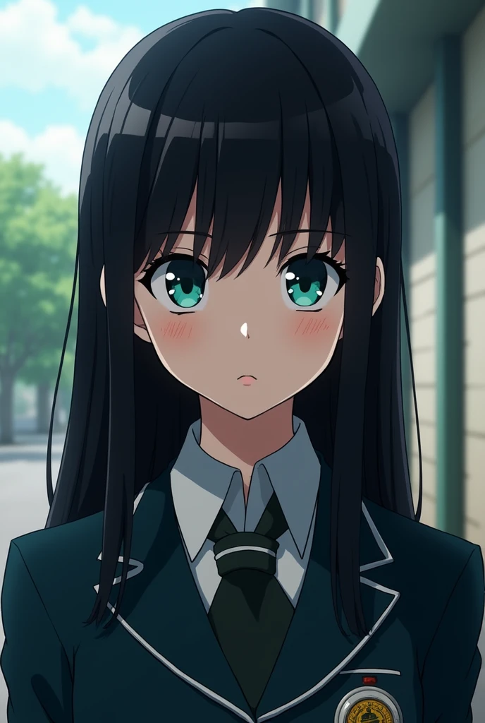 Screenshot of my hero academia Black straight hair girl, has turquoise eyes, has a cold expression, He is wearing the UA uniform 