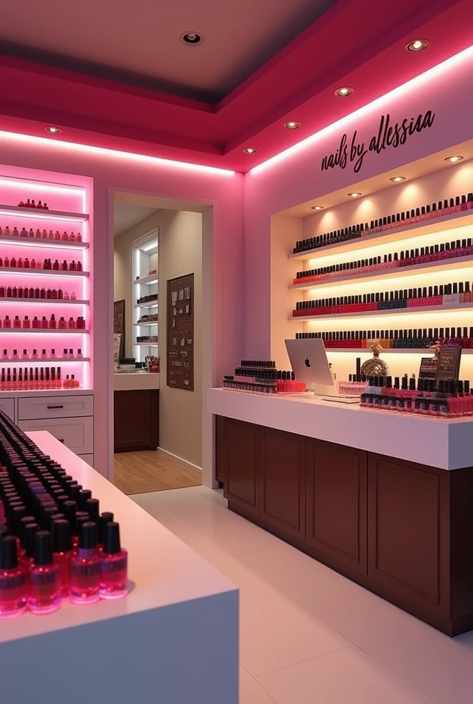 crea foto di un negozio di nail artist che fa vedere smalti e prodotti per le unghie con la scritta "nails.by_alessiaa"