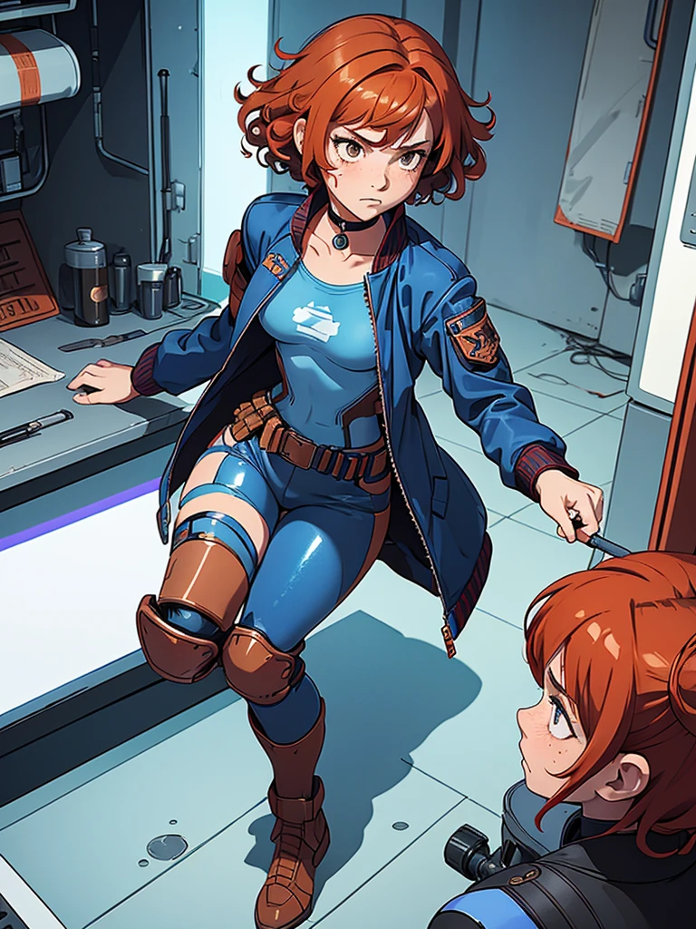 (masterpiece), (best quality), (1girl), (adult), (copper red hair), (curly hair), (short hair), body figure, (small breasts) , (brown eyes), freckles, (blue cyberpunk outfit), (blue jacket),( blue battle outfit),(badass outfit),boots, black choker, legs, (white knee guards)