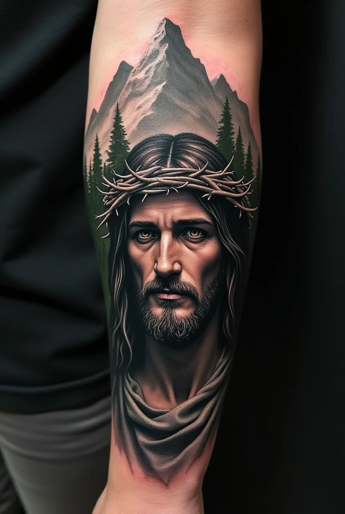 realistic full forearm tattoo depicting on one side the nostalgic Polish Bieszczady mountains and on the other side Jesus suffering in a crown of thorns