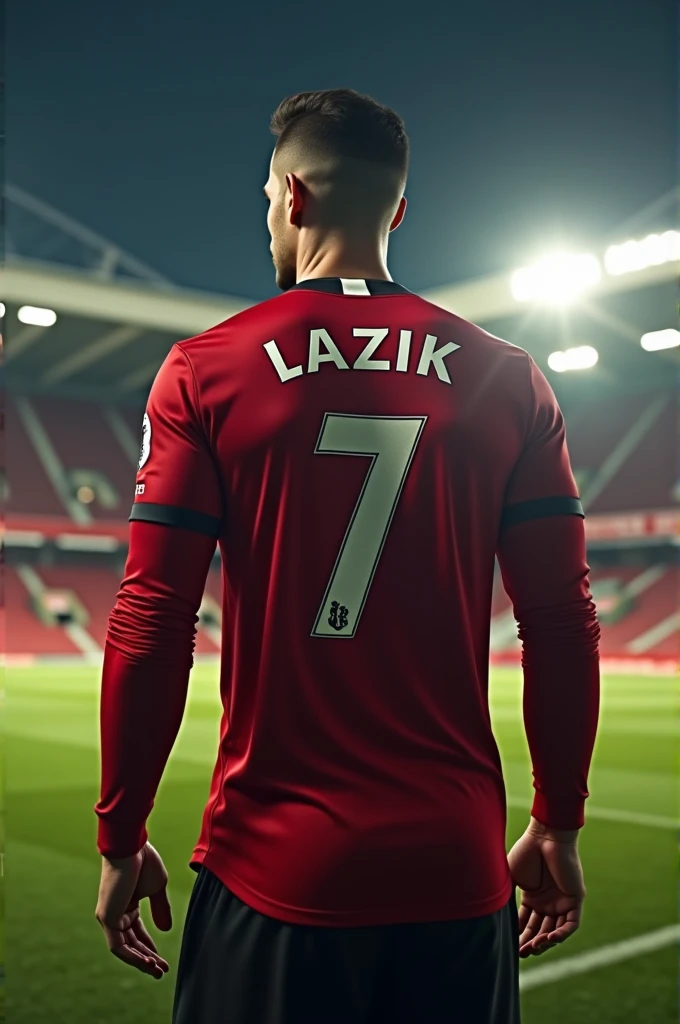 A handsome man standing on old Trafford at night from behind wearing Manchester United shirt with long sleeves with number 7 and Lazik written on the shirt can be clearly seen in realistic style 