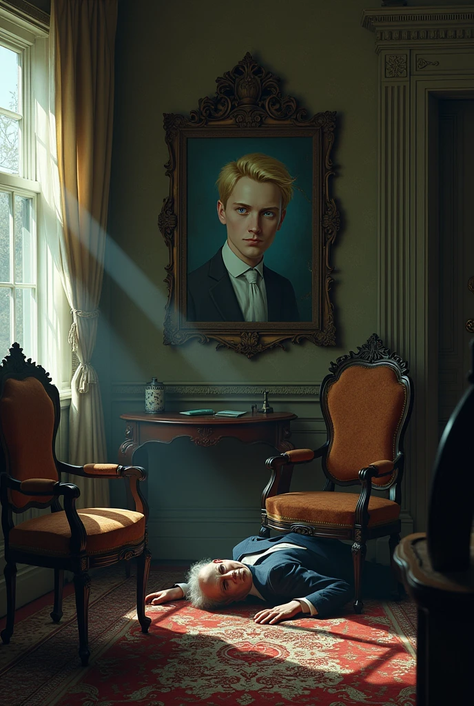 A living room in a Victorian-era house, In the center a large portrait of a young man, blond and blue-eyed. The portrait is broken. There is an old man on the ground, lying down, unattractive and ugly