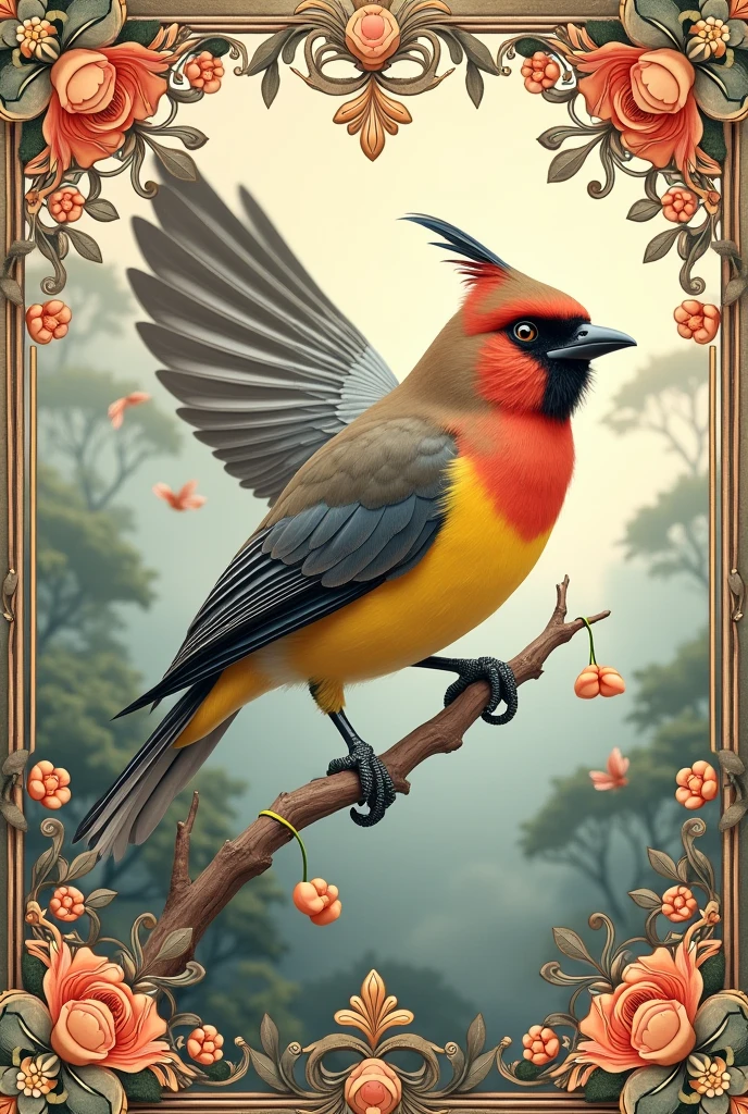 ethereal Bohemian Waxwing bird, Bombycilla garrulus, intricate details, ornate, detailed illustration, octane render, Johanna Rupprecht style, William Morris style, trending on artstation