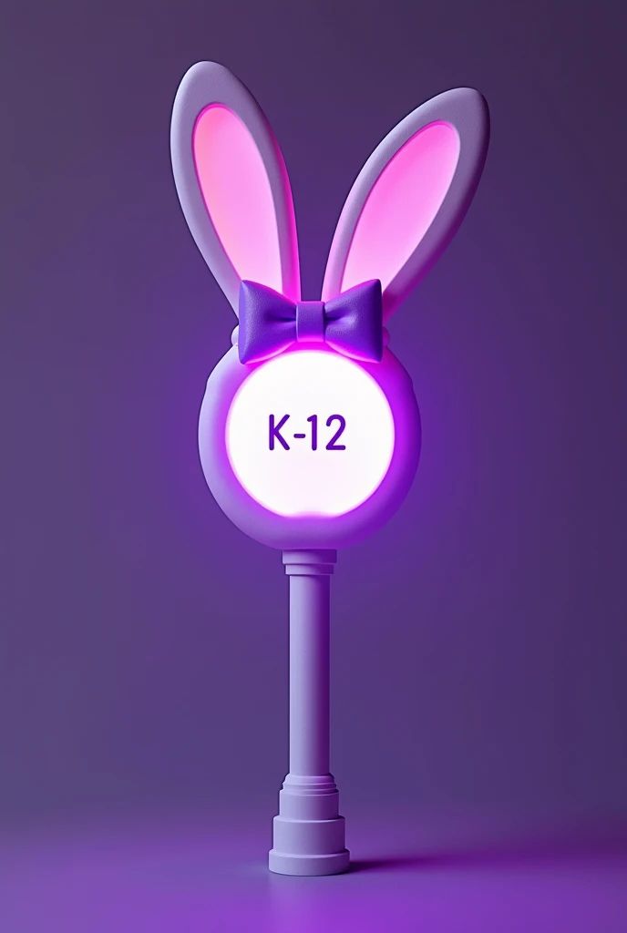 Um lightstick inspirado no álbum k-12 da melanie martinez, shaped like bunny ears with a small purple bow with the name k-12 written inside the sphere that has a handle to hold and that changes color, in white and purple colors and with a very flirtatious white and purple setting