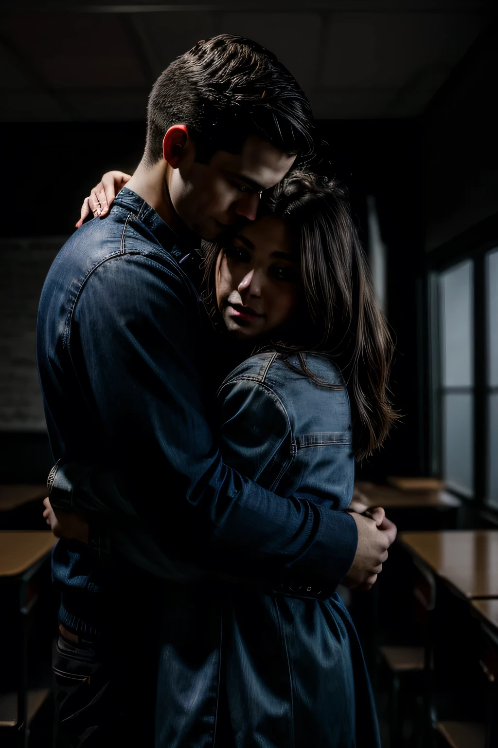 3 man and woman, teachers, dating hugging each other in a classroom, dark, romantic environment