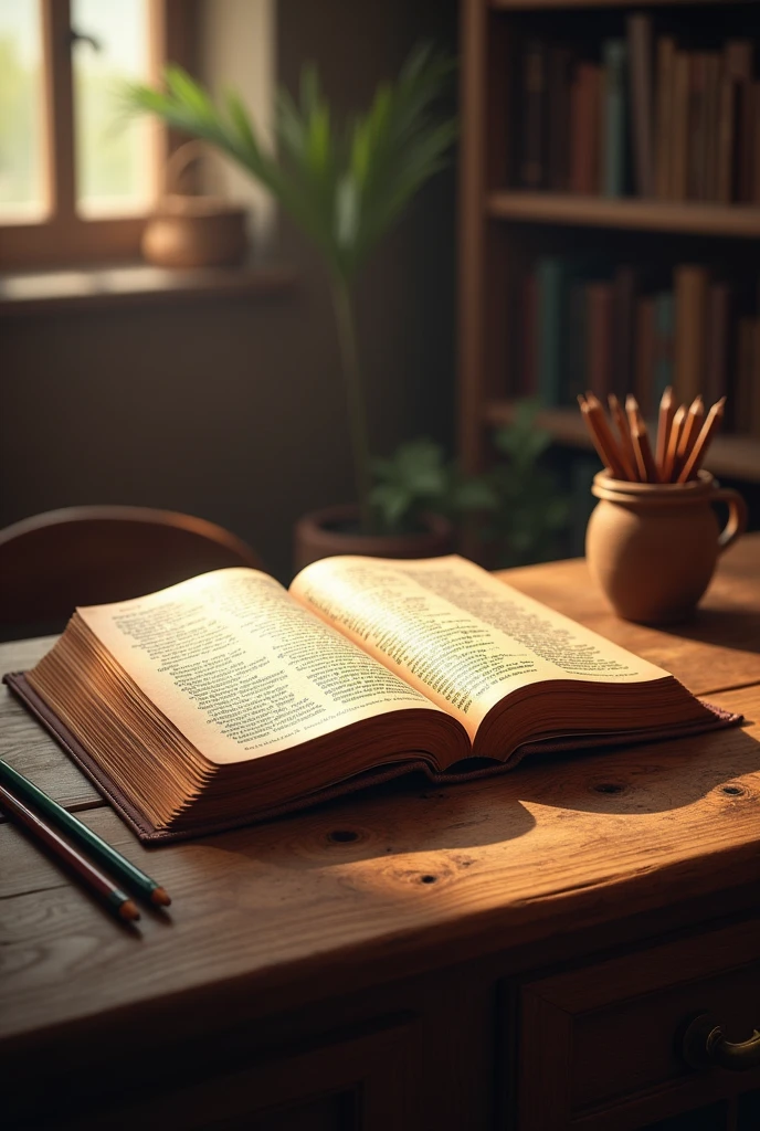 Bible on a table with pencils and an environment that inspires study