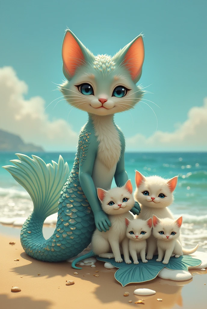 Finally, the mermaid cat reaches the shore, where she carefully sets each baby cat down on the soft sand. The kittens, now safe and dry, surround the mermaid cat, purring gratefully.