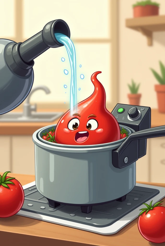 adding water to a fryer that has cute animated tomato sauce