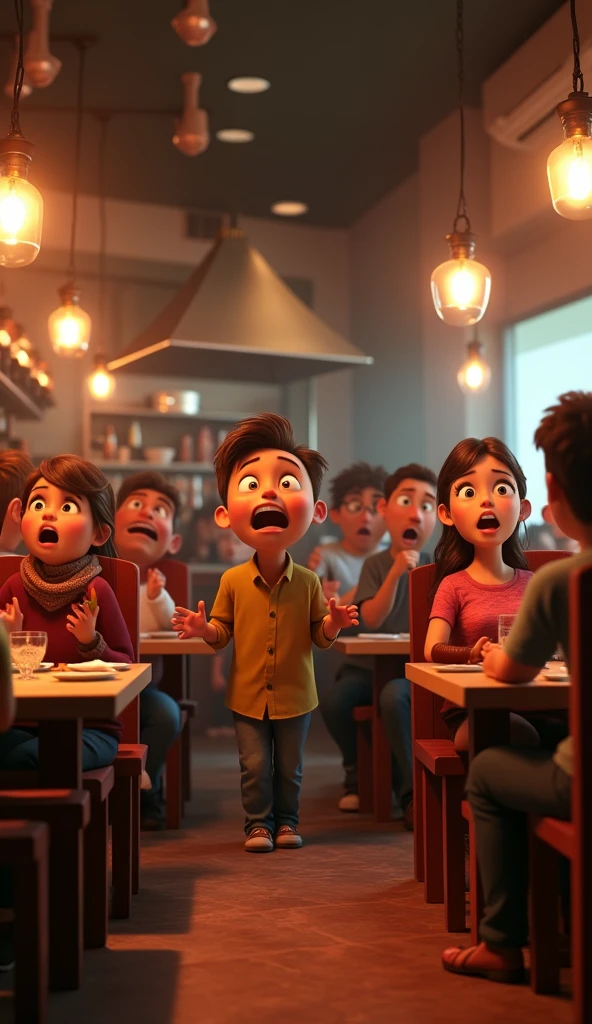 A surprised people at a restaurant, pixar style, cinematic, masterpiece, high-aesthetic