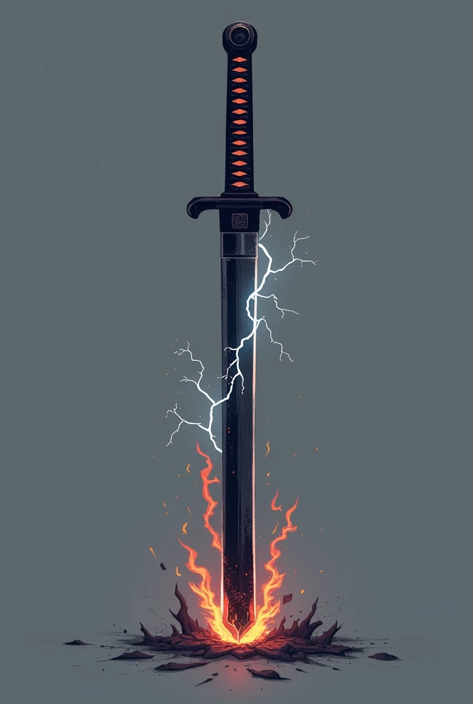 make a one black katana in a HORIZONTAL position that has a same 2d graphics of ninja saga with plain background and add black flame and lightning on the blade