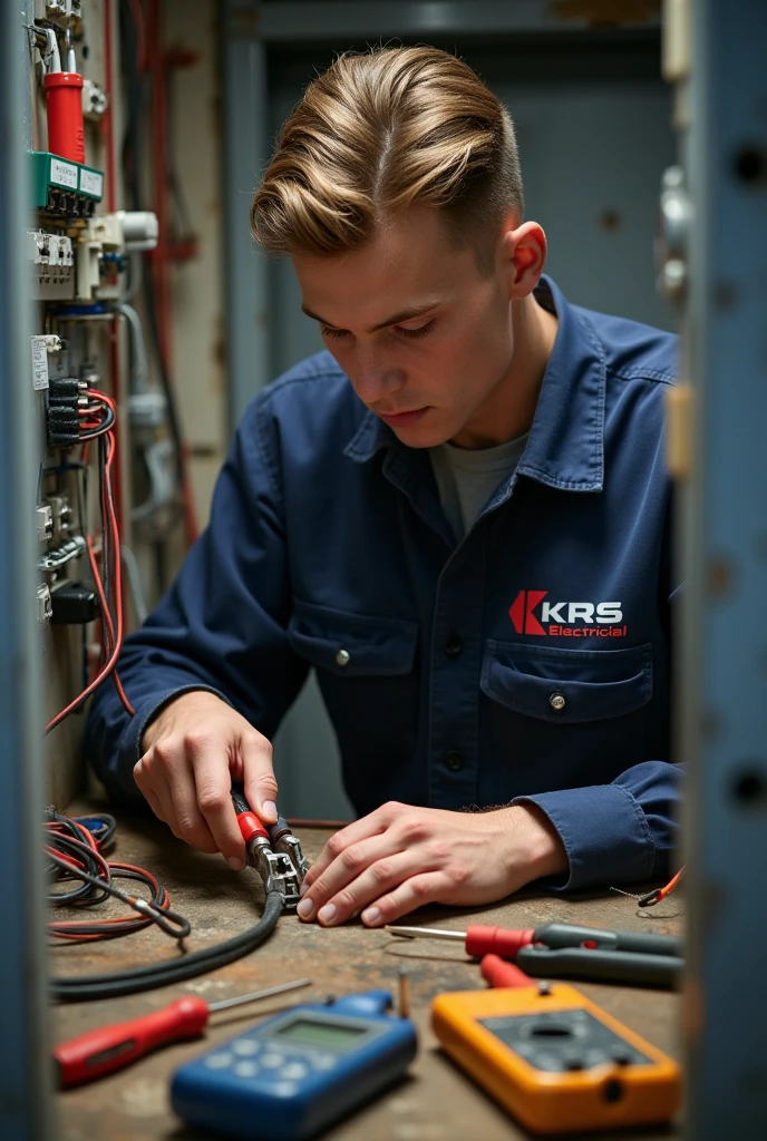 A real young men working on electrical distribution box wiring with power tool like piler and crimping machine, screw driver, multimeter with Symbol written on his shirt “KRS electrical”