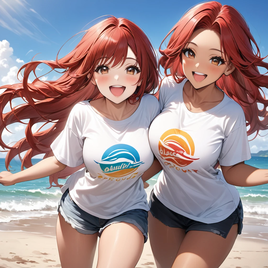 Beauty adult Age 35 Long Hair Red hair Tan Skin Breast size: D cup Brown eyes Playing on the beach beautiful sea Proud laugh, Oversized T-shirt