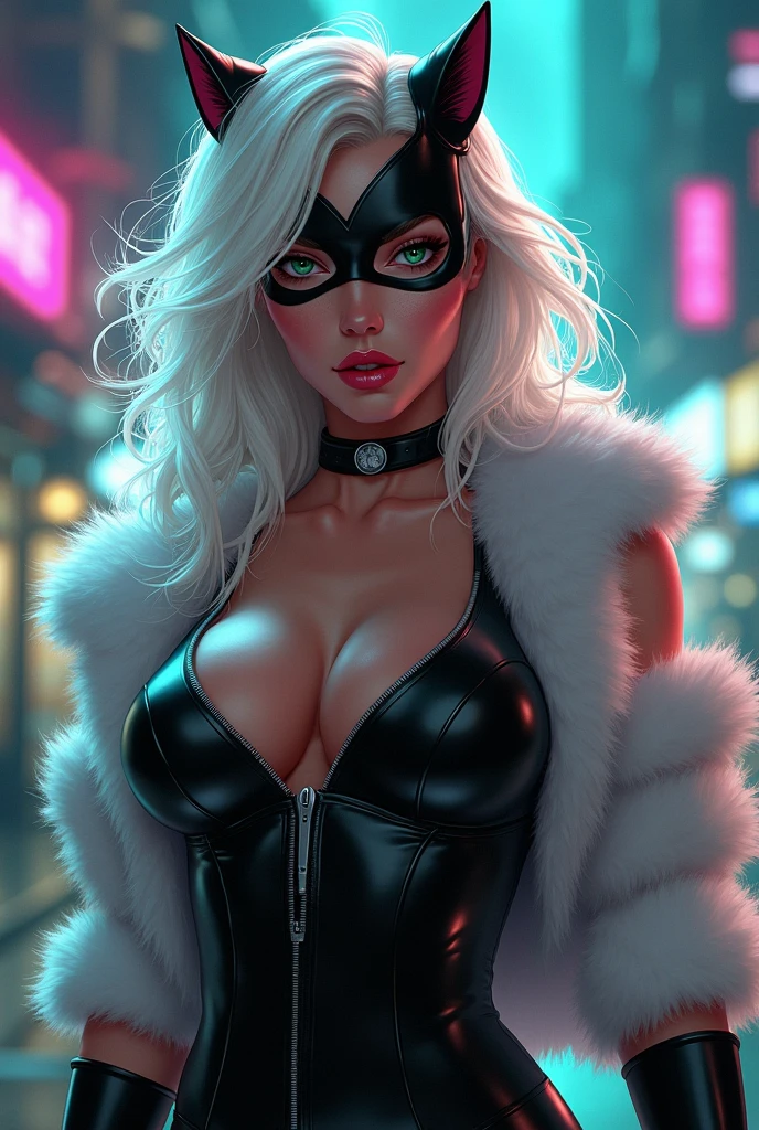 ((Sydney Sweeney)) ((very Sexy)) Create a hyper-realistic digital illustration of Black Cat / Felicia Hardy from Marvel Comics. Depict her in a confident, alluring pose, facing the viewer. Her signature platinum white hair should cascade in voluminous waves around her face and shoulders, with a few strands caught in an imaginary breeze. Dress her in a sleek, black leather catsuit with a plunging neckline trimmed in white fur. The suit should hug her curvaceous figure, emphasizing her athletic build. Include her iconic black domino mask, which accentuates her striking green eyes and full, slightly parted lips. Accessorize with a black choker featuring a silver medallion, and long, white gloves that contrast with the dark suit. Capture the glossy texture of the leather and the soft fluffiness of the fur trim. Set the background as a blurred, neon-lit cityscape at night, with vibrant teals and purples creating a cyberpunk atmosphere. Use dramatic lighting to highlight the contours of her face and body, creating depth and dimensionality. The art style should blend photorealistic rendering techniques with subtle comic book influences, particularly in the dramatic poses and expressions. Pay attention to small details like individual strands of hair, the reflection in her eyes, and the play of light on different textures.