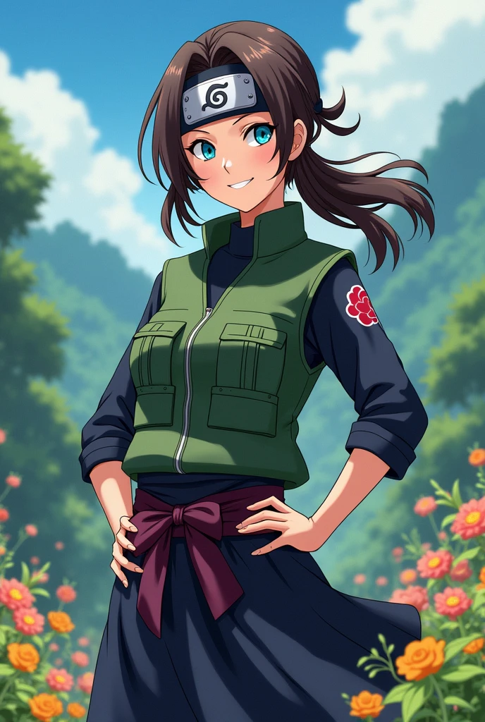 Create the following anime style image: Is a woman, with loose brown hair and turquoise blue eyes, His outfit is the uniform of the joūnin of the Naruto universe, that is to say: Dark blue pants, Dark blue sleeves and dark green vest with compartments, a dark purple short skirt over her pants and the ninja headband with the symbol of the leaf village tied around her neck. The girl is standing in a valley full of flowers and smiling happily 