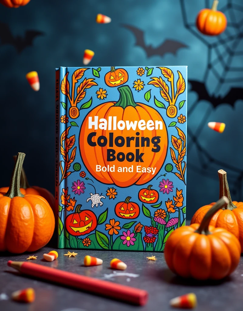 A vibrant imagen showing the square cover mockup(8,5x8,5 inch) of the "Halloween Coloring Book: Bold and Easy" prominently in the center. Surround the book with halloween-themed items like small pumpkins, Candy corn, and colorful markers or crayons. The background should be dark and slightly Spooky, but no too scary, with subtle spiderwebs and bats in the corners to emphasize the Halloween theme. The title of the book should be clearly visible, with a few of the 40 illustrations peeking out as a preview.