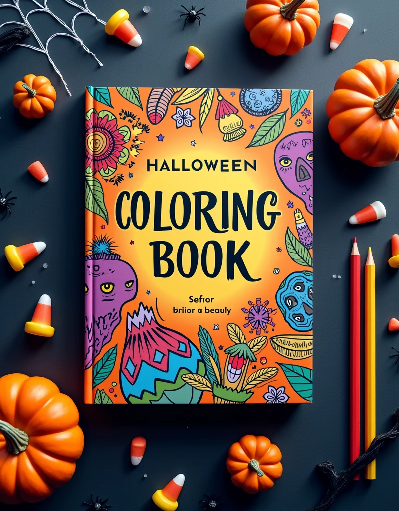 A vibrant imagen showing the square cover mockup(8,5x8,5 inch) of the "Halloween Coloring Book: Bold and Easy" prominently in the center. Surround the book with halloween-themed items like small pumpkins, Candy corn, and colorful markers or crayons. The background should be dark and slightly Spooky, but no too scary, with subtle spiderwebs and bats in the corners to emphasize the Halloween theme. The title of the book should be clearly visible, with a few of the 40 illustrations peeking out as a preview.