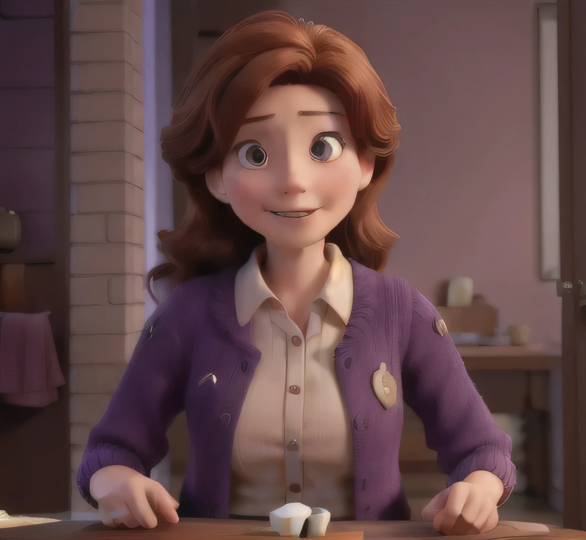 character like the woman in the photo, chestnut hair, purple outfit, no pissing style, 4K, ONLY HALF THE BODY