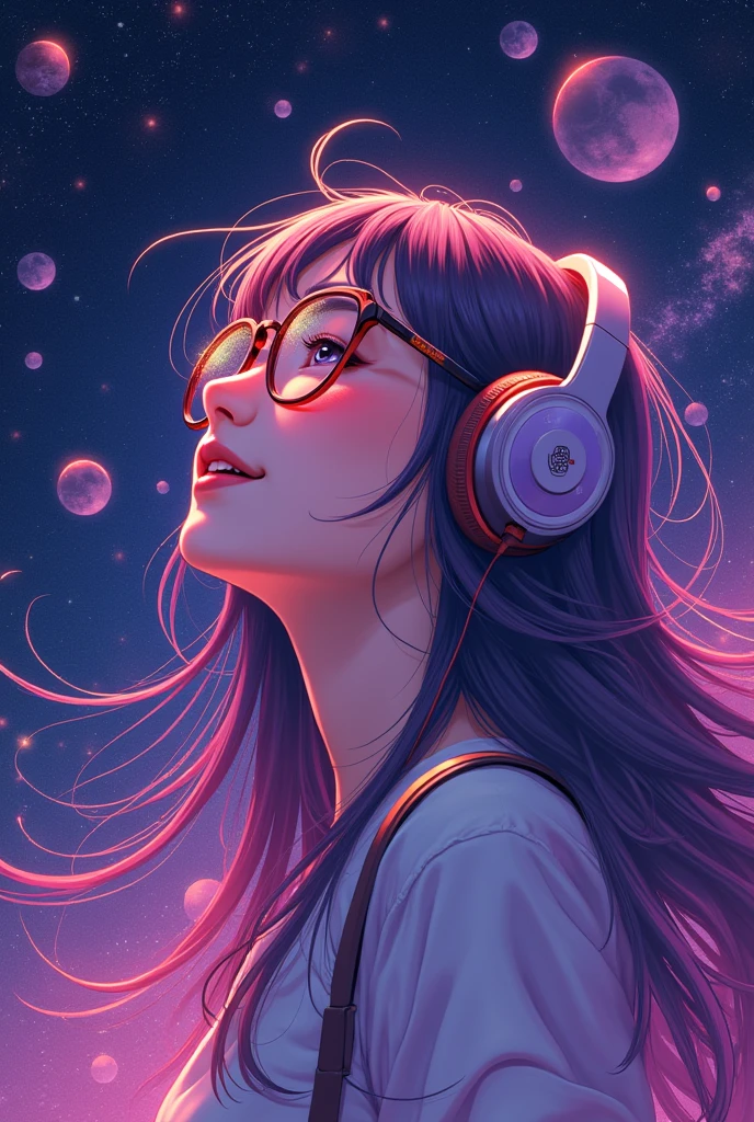 Woman with headphones, Woman Smiling, Woman with glasses, Stars, Galaxies, Planets, Shades of purple and black, Anime Style