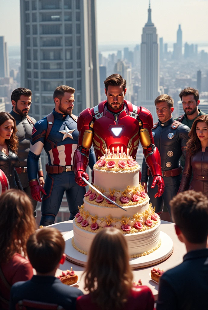 Iron man cutting his big birthday cake at top of avengers tower with all avengers members