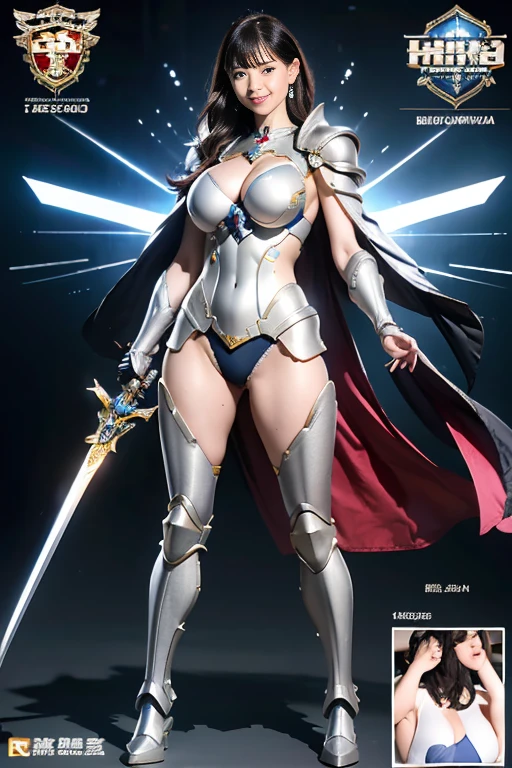 (8k), (Highest quality: 1.2), (Realistic), (Realistic: 1.37), Ultra-high resolution, 1 person, cute, Smiling face, Beautiful details, narrow, (Large Breasts), Metal Cape, Metal Sword, Metal mech heavy armor, transparent, Sexy muscular female body, whole body.Long, slender legs、Glowing Sword、whole body、Floating in the sky、Metal Boots