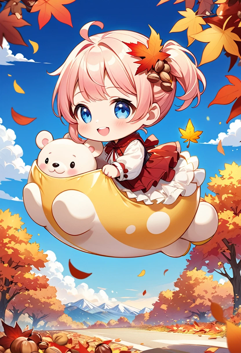 Highest quality、High resolution、Detailed Background、Beautiful face in every detail、Anatomically correct、Detailed facial expressions、fine grain、((full body, from side:1.5, looking away:1.2)), break　((One Girl:1.5)、((Chibi Girl:1.5)))、Bright pretty hair color、Big beautiful blue eyes、Fuller lips、Pink Lips、Braided twintails、Ahoge、break　((Ride on a baby bear to gather nuts:1.5))、(Cute fall clothes、Cute long pants、Cute Shoes、Cute hair accessories)、break　There are a lot of nuts in the basket:1.5、(Big smile:1.5、Happy expression:1.5)、break　((The background is autumn mountains:1.5、Bear、autumn leaves、Autumn Clear Skies))