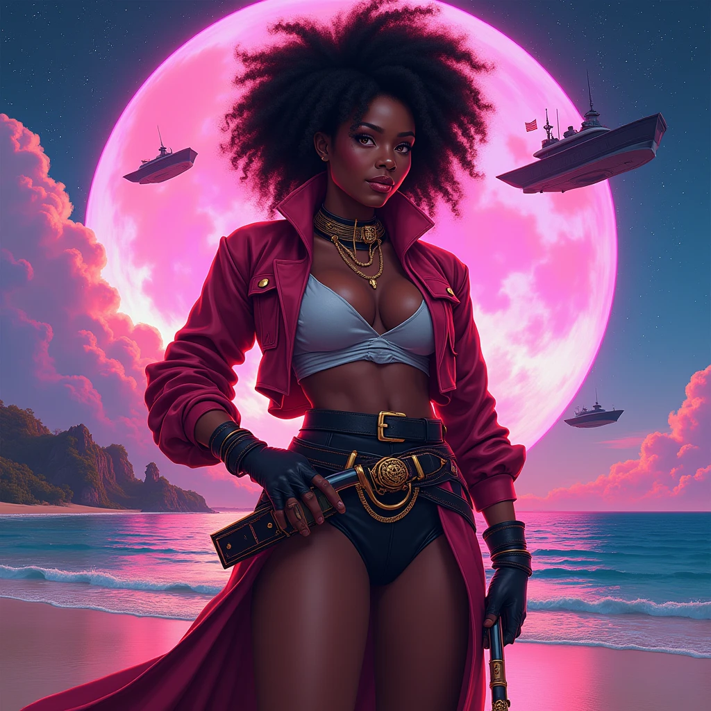 A 4k digital painting of a cyberpunk pirate African-American woman with a mocha complexion and a voluptuous, curvy physique. She has a full-body human and is styled in vibrant neon colors with a futuristic pirate aesthetic. She confidently strikes a pose against a cosmic backdrop. The woman has an intense gaze and a playful smirk. The background features flying boats, distant planets, and a beautiful beach. The overall image has high contrast and intricate details.