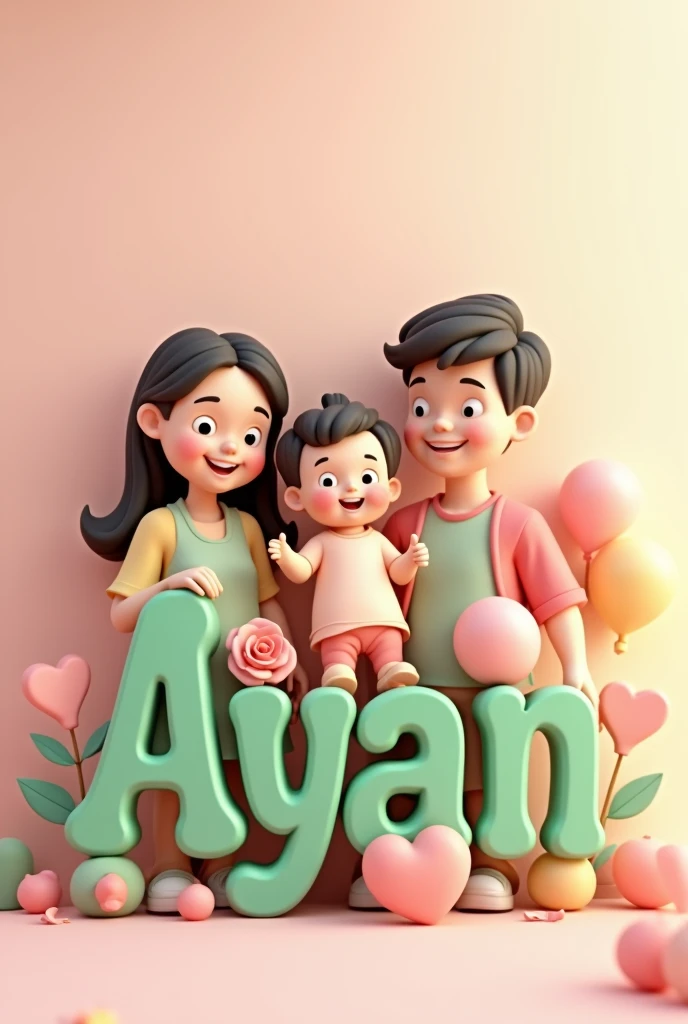 3d family Name art with one pink rose, heart, balloons, curve font, background one cute boy baby with mummy Papa,font color green,
The name is"Ayan"