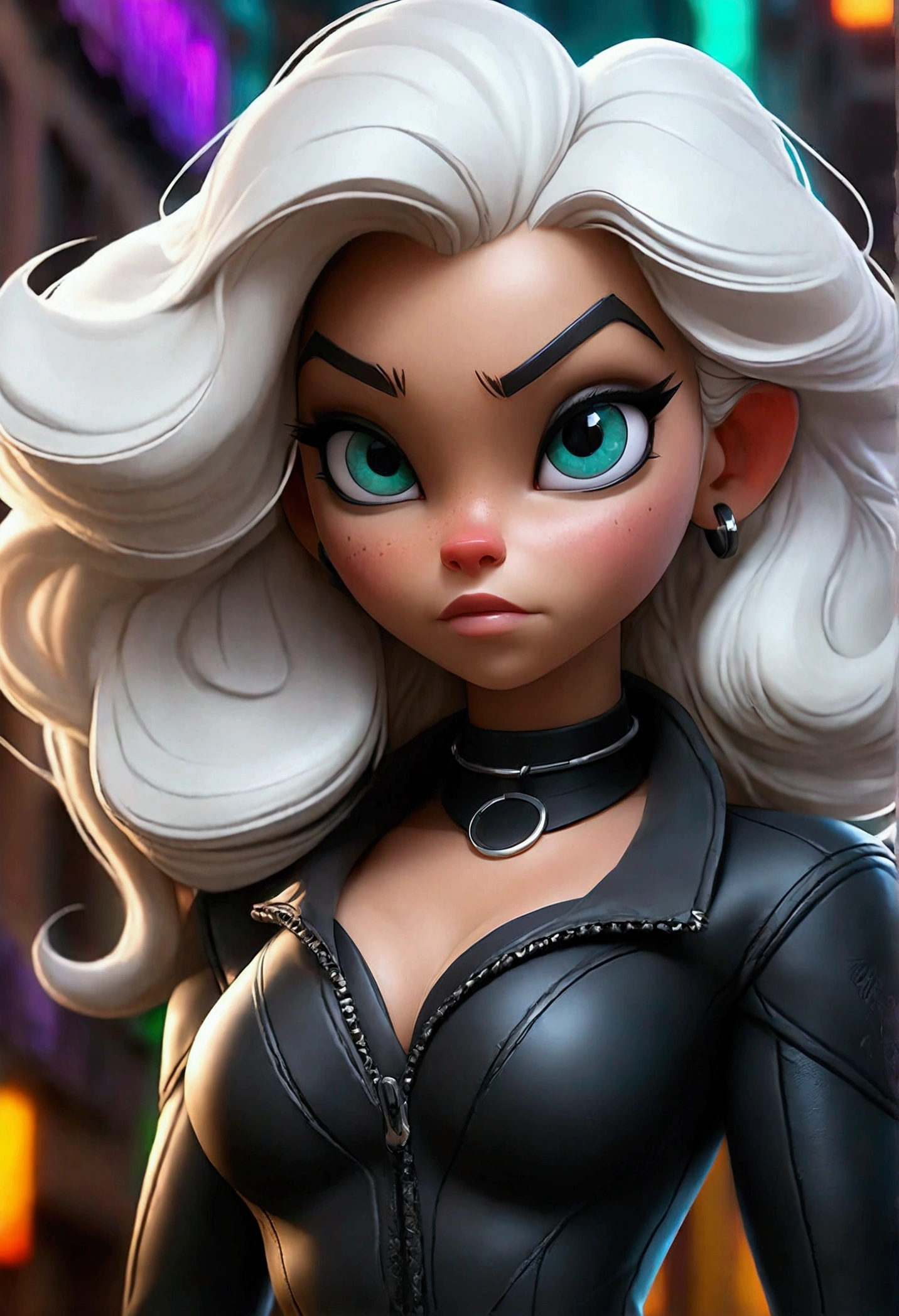 ((Sydney Sweeney)) ((very Sexy)) Create a hyper-realistic digital illustration of Black Cat / Felicia Hardy from Marvel Comics. Depict her in a confident, alluring pose, facing the viewer. Her signature platinum white hair should cascade in voluminous waves around her face and shoulders, with a few strands caught in an imaginary breeze. Dress her in a sleek, black leather catsuit with a plunging neckline trimmed in white fur. The suit should hug her curvaceous figure, emphasizing her athletic build. Include her iconic black domino mask, which accentuates her striking green eyes and full, slightly parted lips. Accessorize with a black choker featuring a silver medallion, and long, white gloves that contrast with the dark suit. Capture the glossy texture of the leather and the soft fluffiness of the fur trim. Set the background as a blurred, neon-lit cityscape at night, with vibrant teals and purples creating a cyberpunk atmosphere. Use dramatic lighting to highlight the contours of her face and body, creating depth and dimensionality. The art style should blend photorealistic rendering techniques with subtle comic book influences, particularly in the dramatic poses and expressions. Pay attention to small details like individual strands of hair, the reflection in her eyes, and the play of light on different textures.