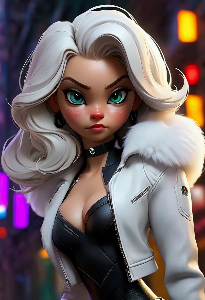 ((Sydney Sweeney)) ((very Sexy)) Create a hyper-realistic digital illustration of Black Cat / Felicia Hardy from Marvel Comics. Depict her in a confident, alluring pose, facing the viewer. Her signature platinum white hair should cascade in voluminous waves around her face and shoulders, with a few strands caught in an imaginary breeze. Dress her in a sleek, black leather catsuit with a plunging neckline trimmed in white fur. The suit should hug her curvaceous figure, emphasizing her athletic build. Include her iconic black domino mask, which accentuates her striking green eyes and full, slightly parted lips. Accessorize with a black choker featuring a silver medallion, and long, white gloves that contrast with the dark suit. Capture the glossy texture of the leather and the soft fluffiness of the fur trim. Set the background as a blurred, neon-lit cityscape at night, with vibrant teals and purples creating a cyberpunk atmosphere. Use dramatic lighting to highlight the contours of her face and body, creating depth and dimensionality. The art style should blend photorealistic rendering techniques with subtle comic book influences, particularly in the dramatic poses and expressions. Pay attention to small details like individual strands of hair, the reflection in her eyes, and the play of light on different textures.