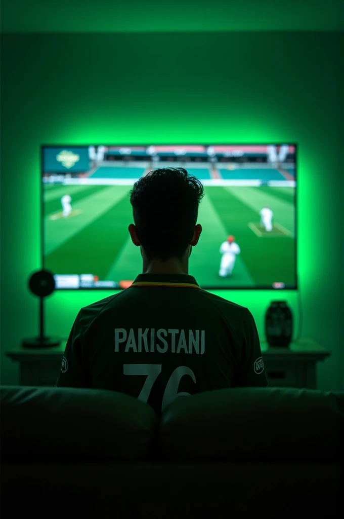 Man watching test match in tv green lights in room wearing test kit of Pakistan name behind zuhaib