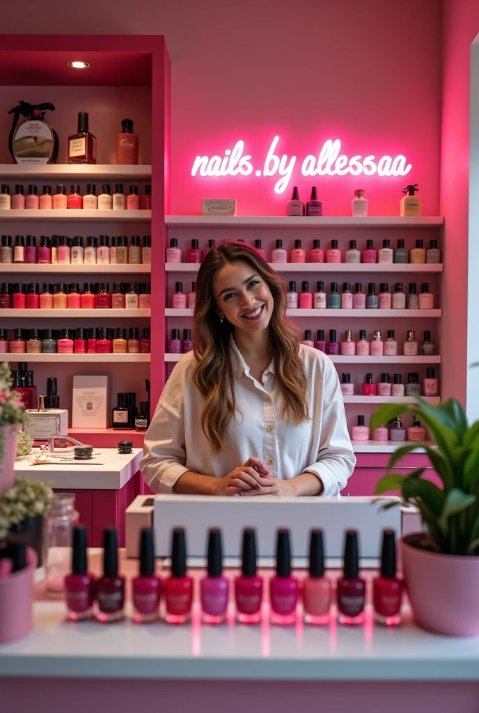 crea foto di un negozio di nail artist che fa vedere smalti e prodotti per le unghie con la scritta "nails.by_alessiaa"