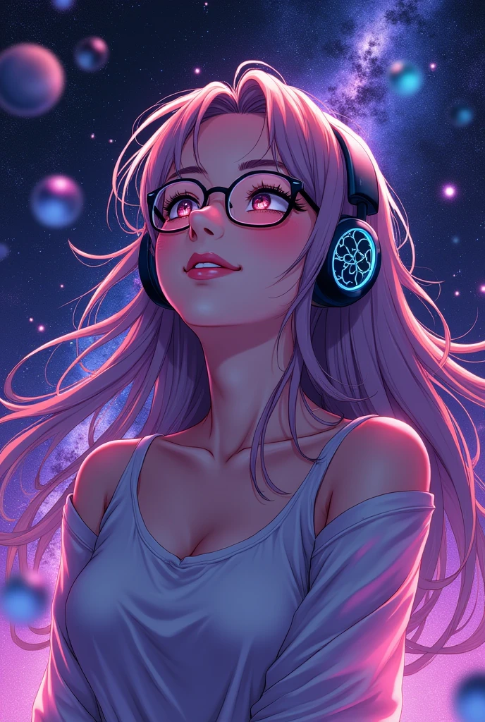 Woman with headphones, Woman Smiling, Woman with glasses, Stars, Galaxies, Planets, Shades of purple and black, Anime Style 