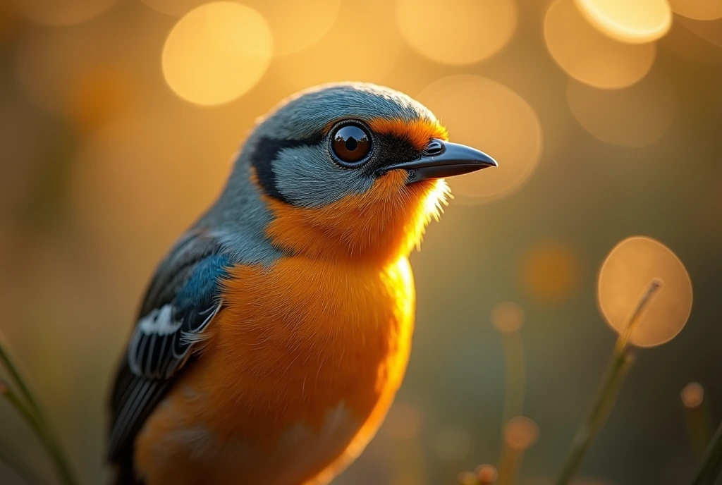 A mesmerizing close-up portrait of a gorgeous little bird illuminated by the soft, golden light of a tranquil morning, detailed background with vibrant bokeh balls gently framing its delicate form. 