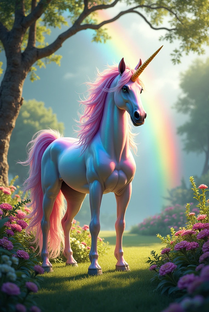 A very colorful realistic unicorn with detailed background in a garden with rainbows