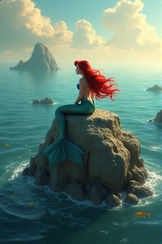 Little mermaid in on a rock in the sea
