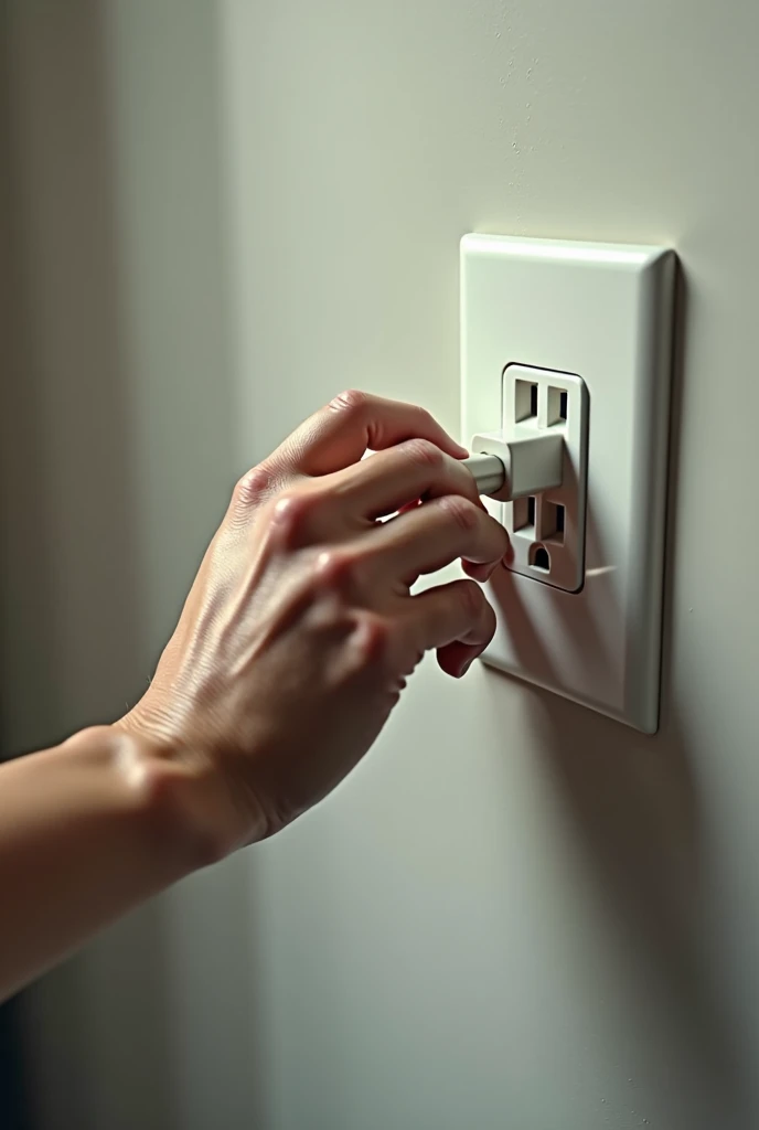 A person's arm unplugging a plug