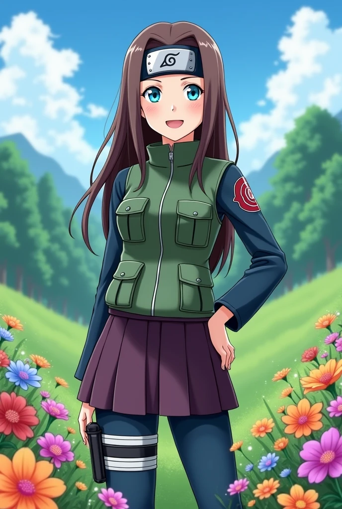 Create the following anime style image: Is a woman, brown hair, long and loose and turquoise blue eyes, His outfit is the uniform of the joūnin of the Naruto universe, that is to say: Dark blue pants, Dark blue sleeves and dark green vest with compartments, a dark purple short skirt over her pants and the ninja headband with the symbol of the leaf village tied around her neck. The girl is standing in a valley full of flowers and smiling happily 