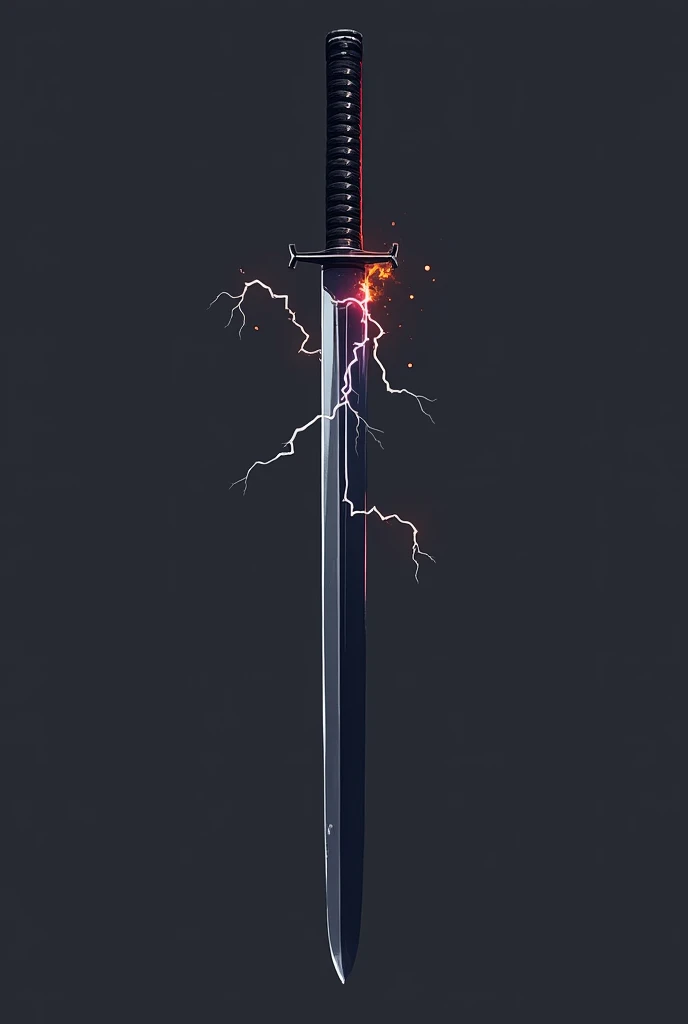 make a one black katana in a HORIZONTAL position that has a same 2d graphics of ninja saga with plain background and add black flame and lightning on the blade