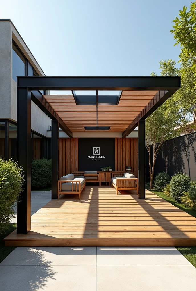 "Create a high-quality Instagram post image featuring a modern outdoor living space with wooden roofs and metallic structures. The image should prominently showcase a sleek pergola with a wooden deck beneath it. The structure should include skylights to allow natural light to flood the area. Ensure the brand name 'Madetech's' is elegantly integrated into the design, either as a subtle watermark on the deck or as a stylish logo on the pergola. The overall vibe should be modern, inviting, and suitable for a social media post."