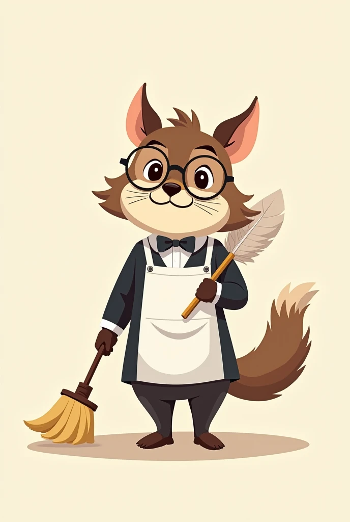 A CARTOON OF AN ANIMAL WITH THE FACE OF A BUTLER DOING CLEANING SHOWING A TRUSTWORTHY PERSONALITY WITH NO BACKGROUND IN THE IMAGE