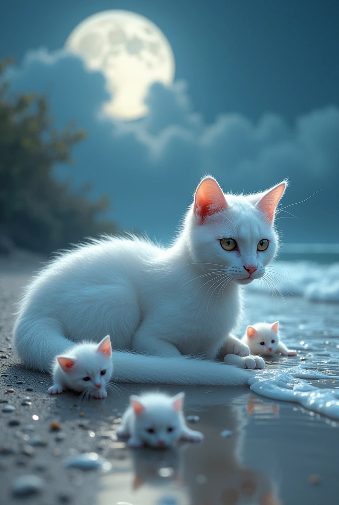 The white mermaid cat, now resting on the shore with her fish tail gently swaying in the water, watches over the baby cats as they play happily on the sand. The moonlight reflects off her scales, creating a magical, serene scene.