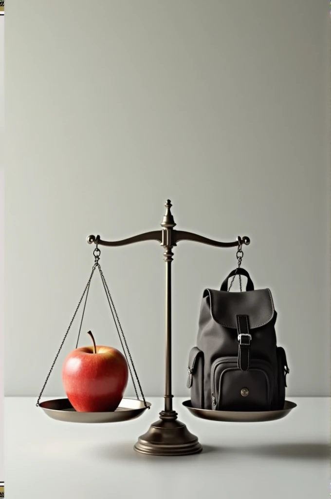 A law scale with a appel one side and a backpack the other bith weighing equally