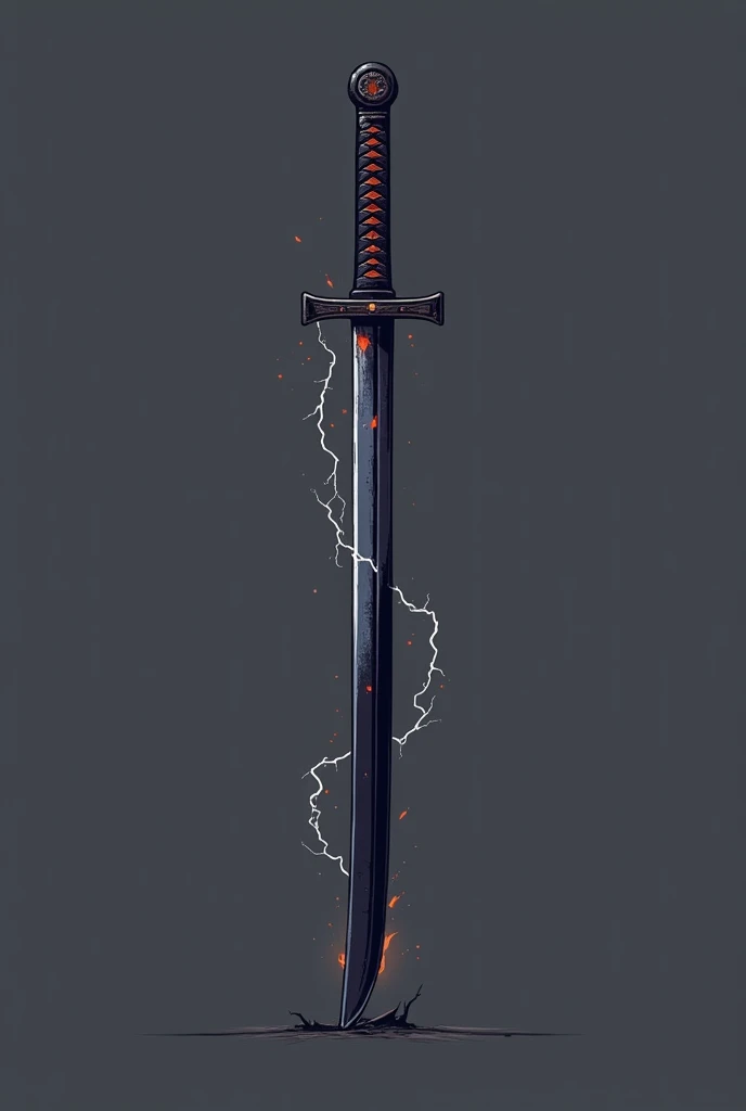 make a one black katana in a HORIZONTAL position that has a same 2d graphics of ninja saga with plain background and add black flame and lightning on the blade