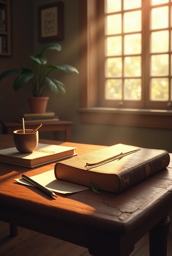 Bible on table with pencils and notebook in an environment that inspires study