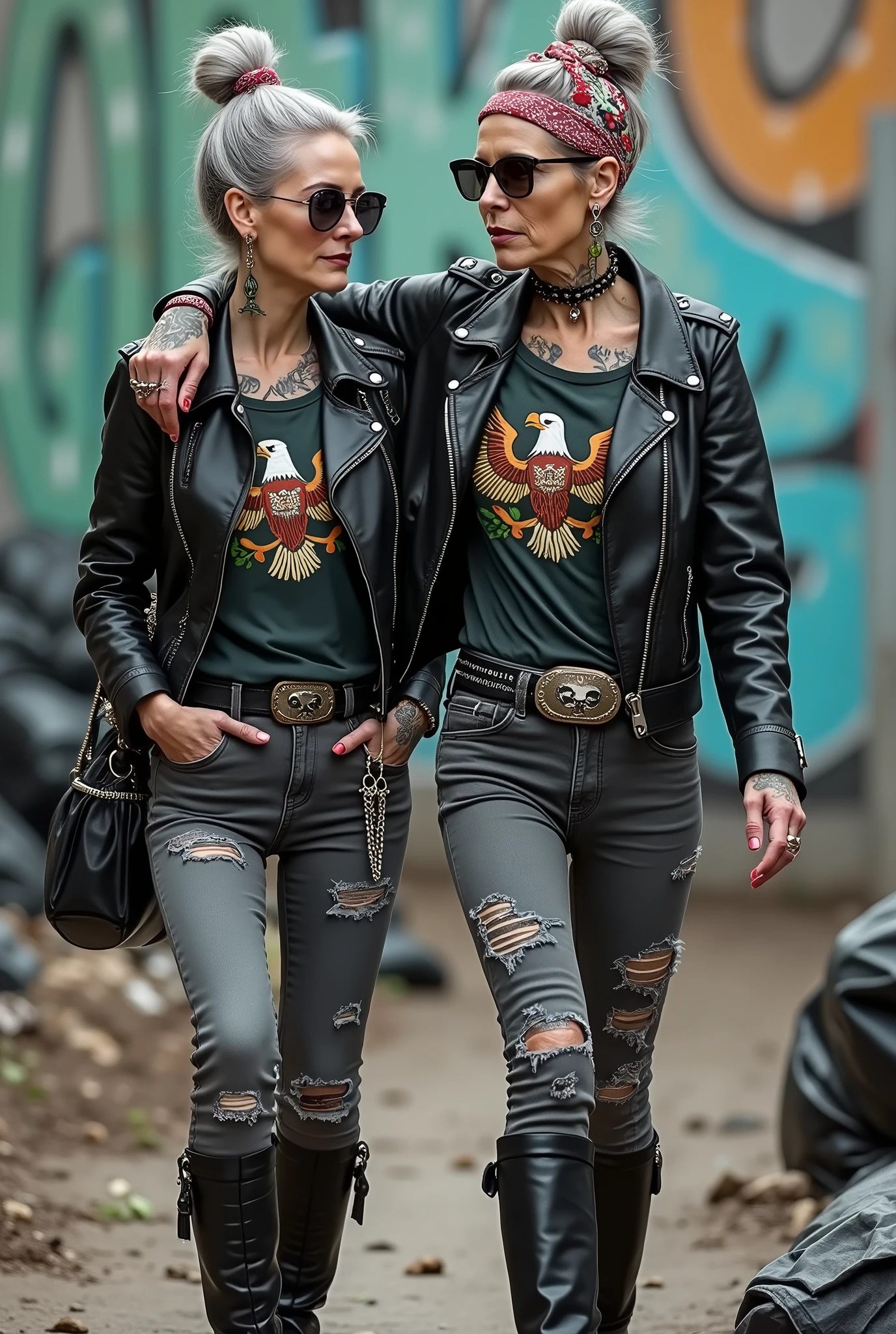 Two russian old milf women, one with the arm over the shoulder of the other. grey hair (one: bouffant, top bun. The other, straight and middle part}and one wearing oversized square sunglasses and wide colourful bandana as headband), with very light green eyes, extremely pale. Big lips. No tan. Wearing aged black moto jacket (zippers on the side, skull and bones pins). Both: same old worn cropped t-shirt with spread wings eagle holding a oak leaves garlandlogo. Both,, dark skinny low rise grey jeans with holes on knees ( patched with colourful fabric). Both:, dark grey worn jeans {with holes on knees) tucked in black leather knee high boots. . Lots of thick wide studded bracelets, chain collars and big rings. Both, high boots. Tacky wide studded leather belt with big skull and bones oval buckle. Long earrings with chains and feathers. Walking with hands in pockets, stretching her neck, craving., Neck, chest, stomach and wrists heavily tattoed. Toned abdominals, thin neck, slim legs and thin arms. Narrow hips and slim legs. Black leather studded tote bags. Graffitied wall behind, waste on the groun and piled garbage bags around.