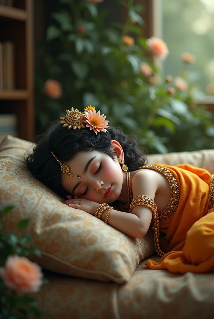 Lord krishna image of childhood at a sofha in a room with green flower background and sleeping, indoor