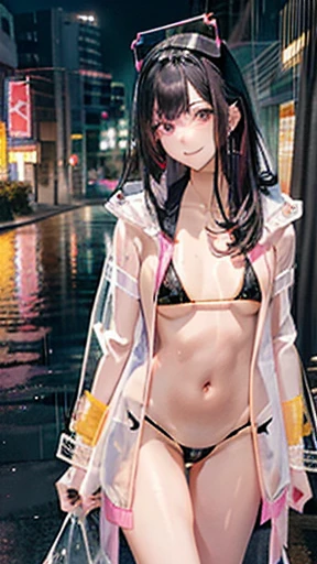 Honor student,Beautiful black hair,long hair,(Straight Hair),high school girl,(boyish),Dark Eyes,(tall),((Slim body)),Muscular,((A confident smile)),Medium Bust,Gold earrings,(((Transparent raincoat))),(((Fluorescent pink micro bikini))),Night Road