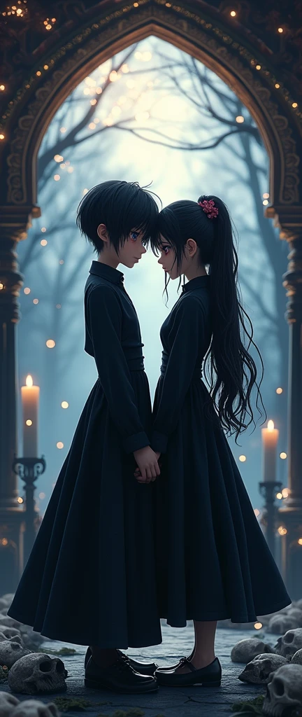 (A straight anime couple: 1.5, Dark Style, big eyes, Small, Spongy black hair), (Dark Gothic, Victorian Gothic Steampunk), dark, dark环境，Decorated with skulls，32K, fairy tale: 1.4, Lens switching: 1.4, ((Dreamy atmosphere, Soft lights and magic:1.3)), ((Imaginative scenes)),((perfect, Meticulous attention to detail.:1.3)), ((panoramic: 1.4)), ((best quality)) , ((masterpiece)), 3d, (Ultra Detailed: 1.3), ((Epic Landscapes: 1.3)), ((night的背景: 1.3 ))), (((night:1.2))), (Reality: 1,4), ((Front camera)),( (Low light night cinema lighting: 1,2)). 32K.