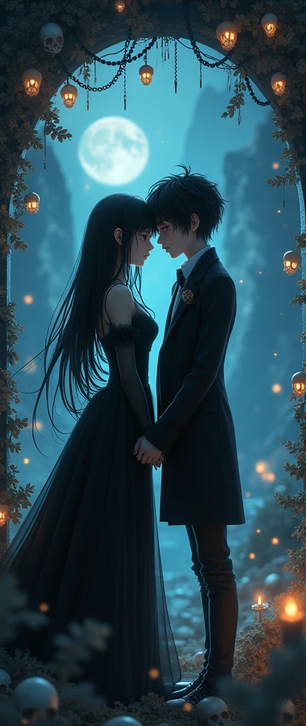 (A straight anime couple: 1.5, Dark Style, big eyes, Small, Spongy black hair), (Dark Gothic, Victorian Gothic Steampunk), dark, dark环境,Decorated with skulls,32K, fairy tale: 1.4, Lens switching: 1.4, ((Dreamy atmosphere, Soft lights and magic:1.3)), ((Imaginative scenes)),((perfect, Meticulous attention to detail.:1.3)), ((panoramic: 1.4)), ((best quality)) , ((masterpiece)), 3d, (Ultra Detailed: 1.3), ((Epic Landscapes: 1.3)), ((night的背景: 1.3 ))), (((night:1.2))), (Reality: 1,4), ((Front camera)),( (Low light night cinema lighting: 1,2)). 32K.